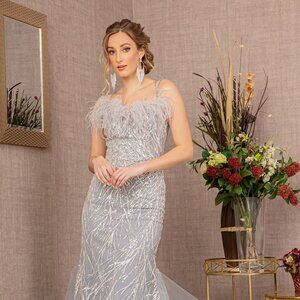 NEW OFF THE SHOULDER SLEEVELESS SEQUIN DRESS WITH FEATHERS & LACE UP GL3117